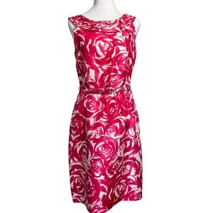 KATE Spade "Minnie" 100% Silk Rose Pleated Neckline Belted Midi Sheath Dress